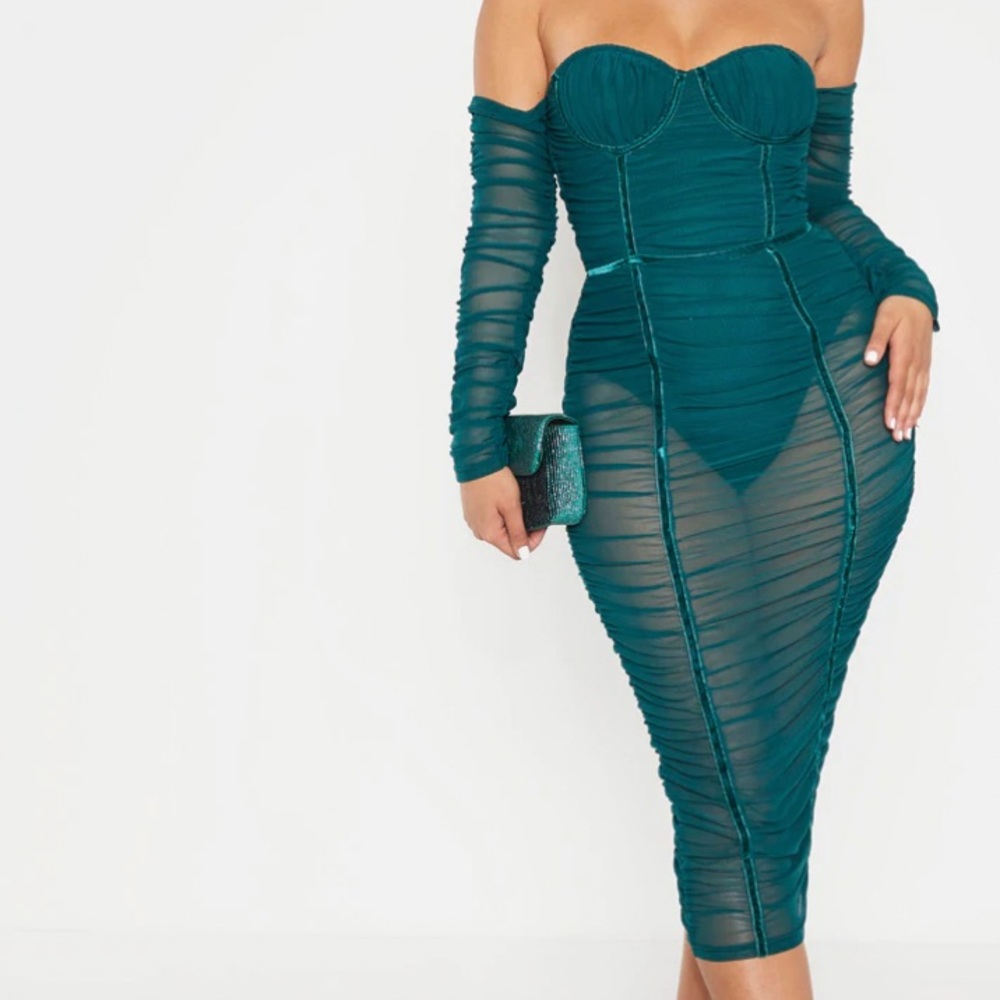 Jasper Green Mesh Velvet Binded Bardot Midi Dress